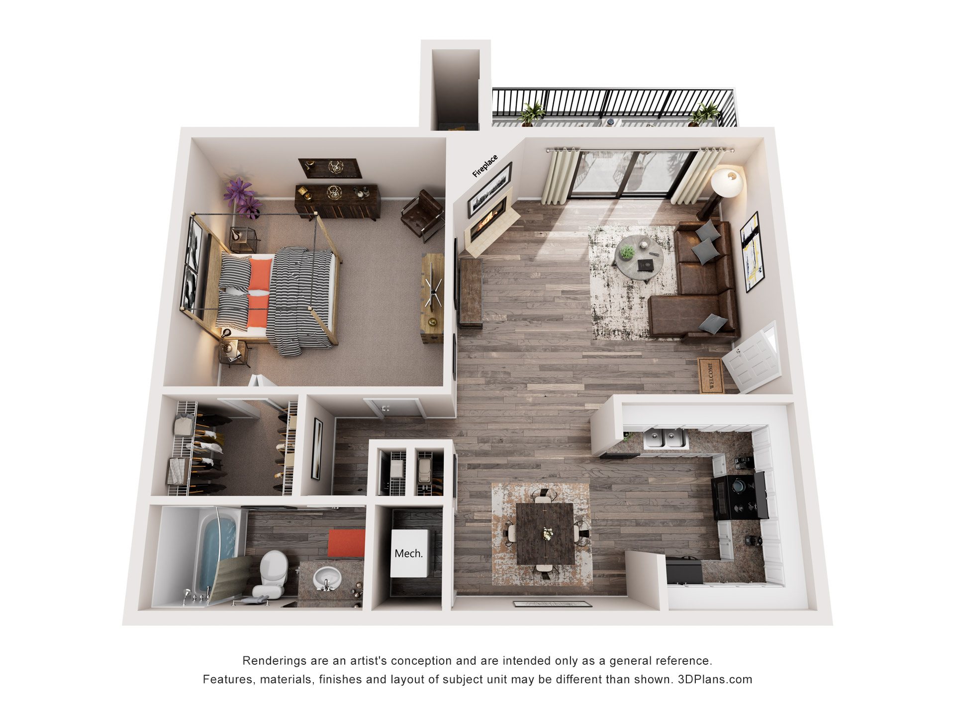 Floor plan for 1 bed, 1 bath, 688 sqft